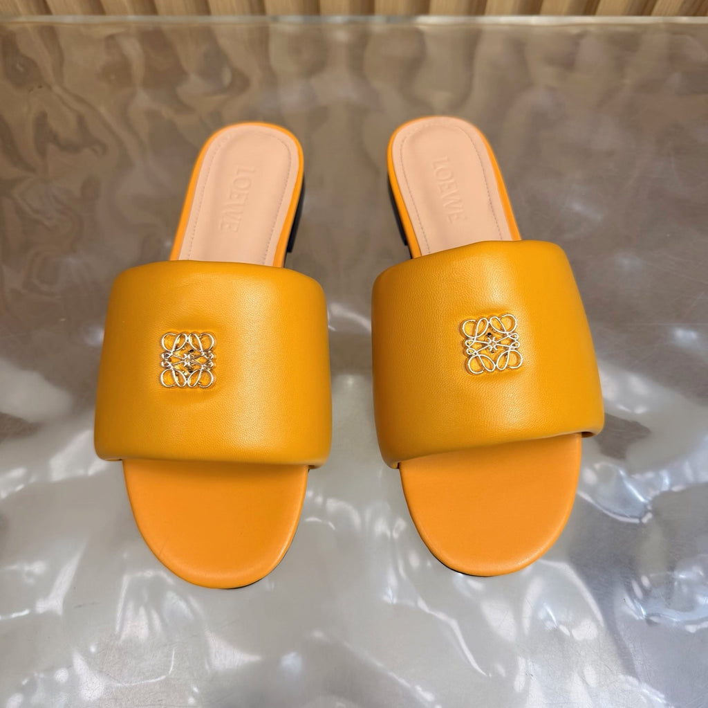 LOEWE 26S SLIDE SANDALS IN MUSTARD YELLOW ANAGRAM PADDED LAMBSKIN