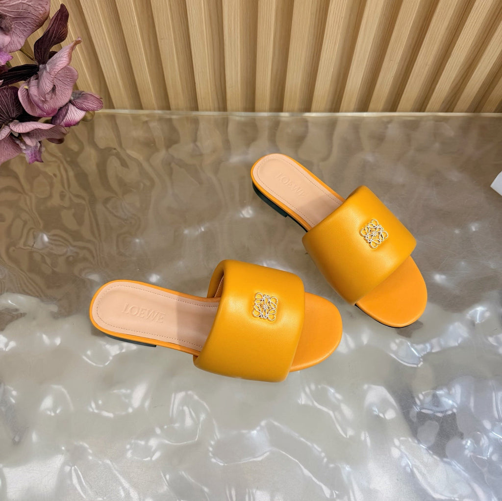 LOEWE 26S SLIDE SANDALS IN MUSTARD YELLOW ANAGRAM PADDED LAMBSKIN