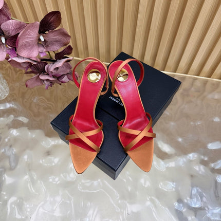 YSL 26S HIGH-HEELED SANDALS 90 MM IN COPPER ORANGE SATIN