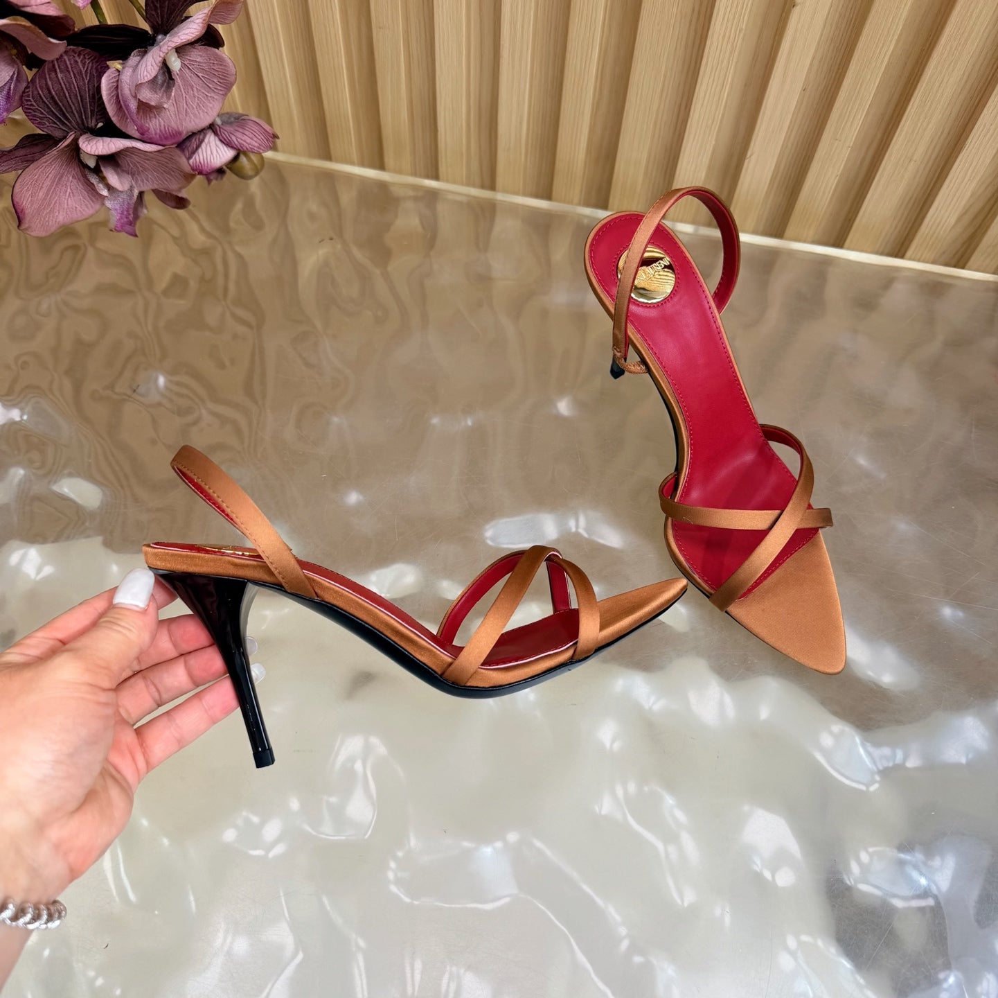 YSL 26S HIGH-HEELED SANDALS 90 MM IN COPPER ORANGE SATIN