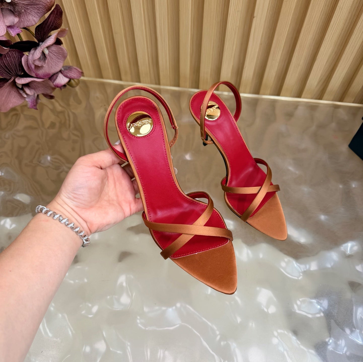 YSL 26S HIGH-HEELED SANDALS 90 MM IN COPPER ORANGE SATIN