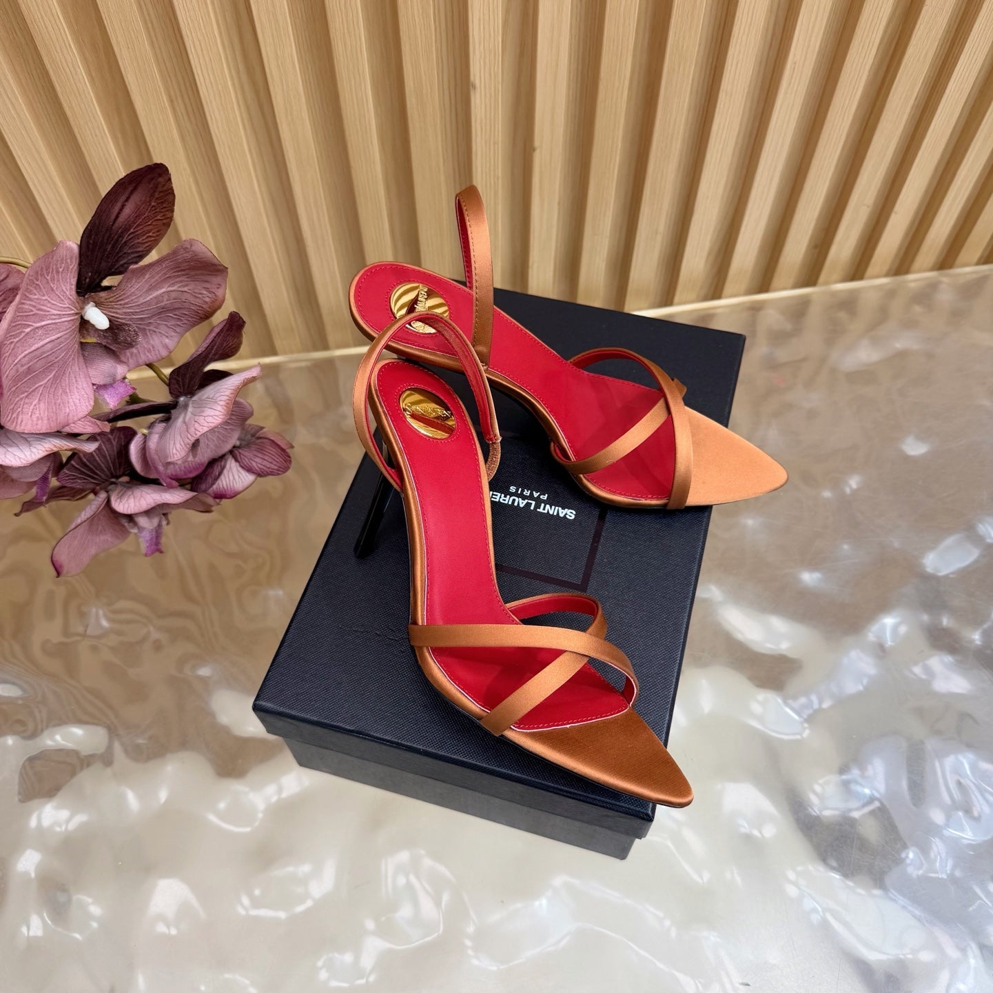 YSL 26S HIGH-HEELED SANDALS 90 MM IN COPPER ORANGE SATIN