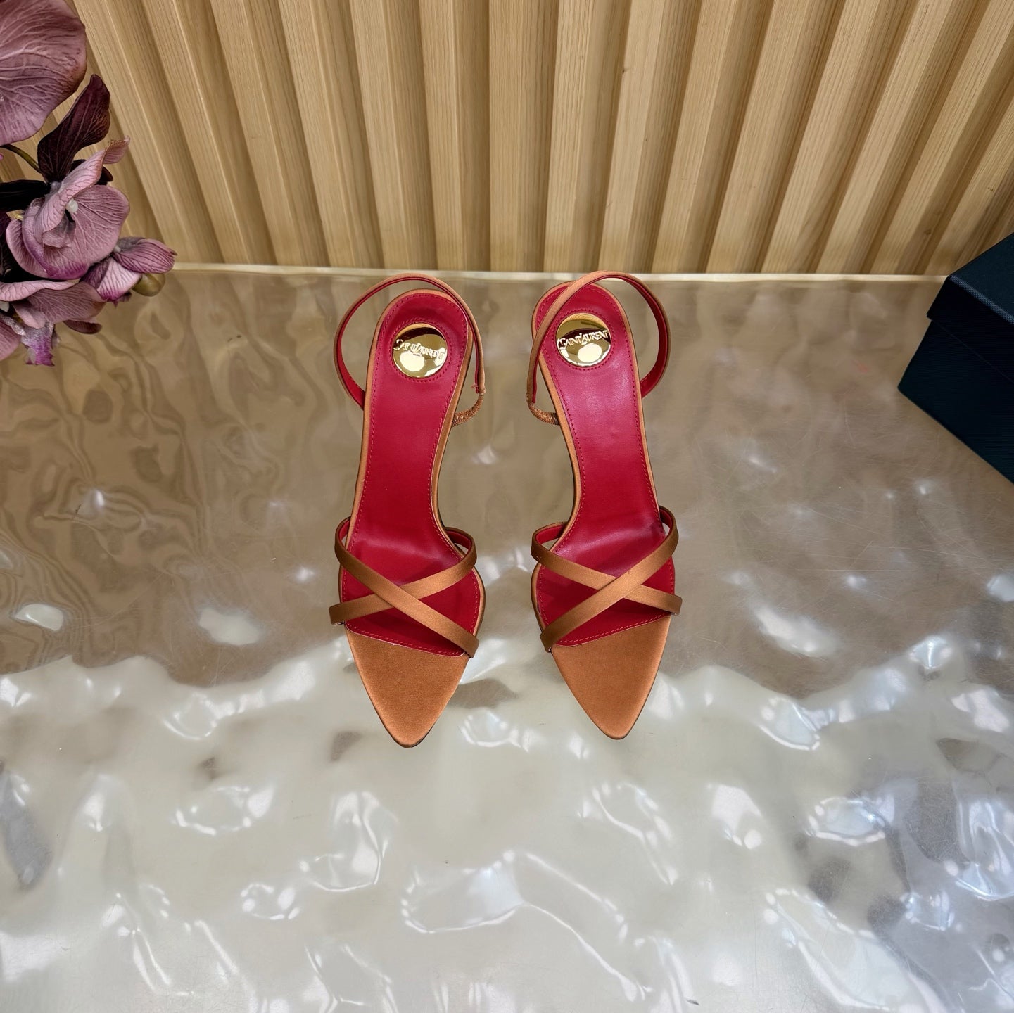 YSL 26S HIGH-HEELED SANDALS 90 MM IN COPPER ORANGE SATIN