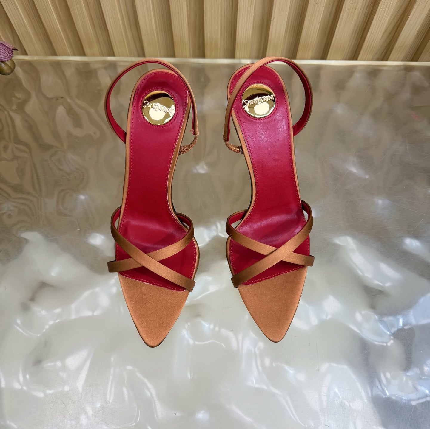 YSL 26S HIGH-HEELED SANDALS 90 MM IN COPPER ORANGE SATIN