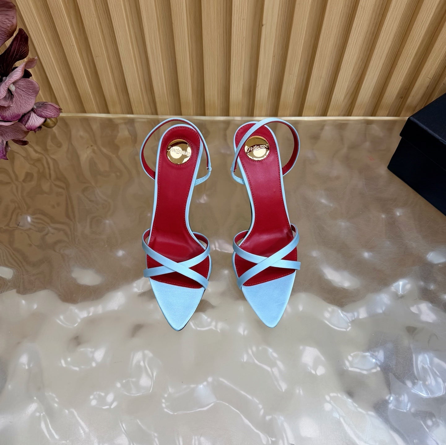 YSL 26S HIGH-HEELED SANDALS 90 MM IN SKY BLUE SATIN