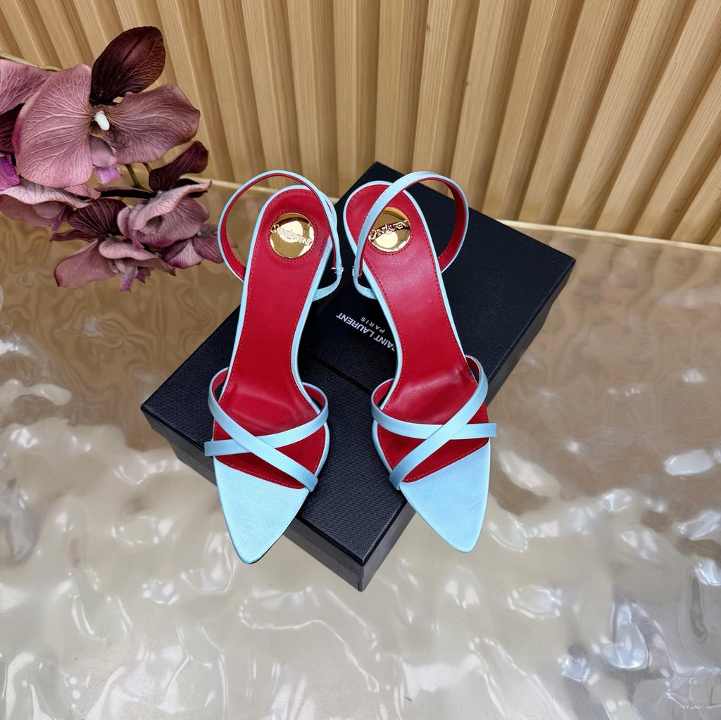 YSL 26S HIGH-HEELED SANDALS 90 MM IN SKY BLUE SATIN