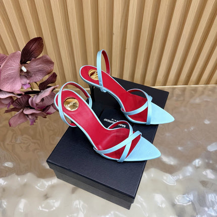 YSL 26S HIGH-HEELED SANDALS 90 MM IN SKY BLUE SATIN