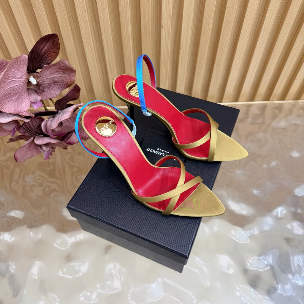 YSL 26S HIGH-HEELED SANDALS 90 MM IN MOSS GREEN SATIN