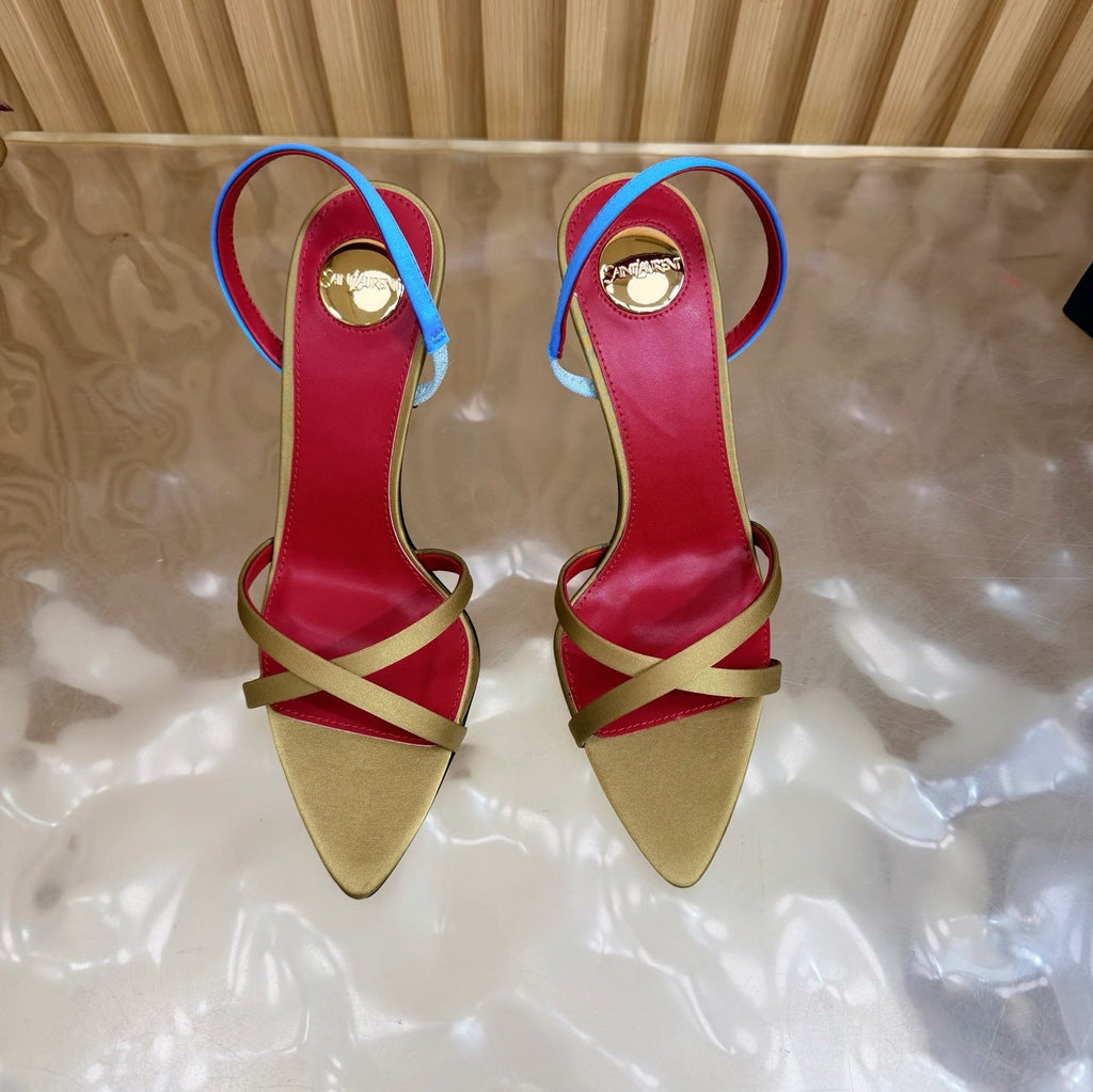 YSL 26S HIGH-HEELED SANDALS 90 MM IN MOSS GREEN SATIN