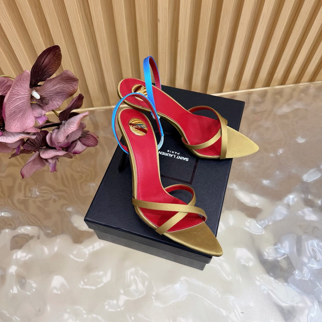 YSL 26S HIGH-HEELED SANDALS 90 MM IN MOSS GREEN SATIN