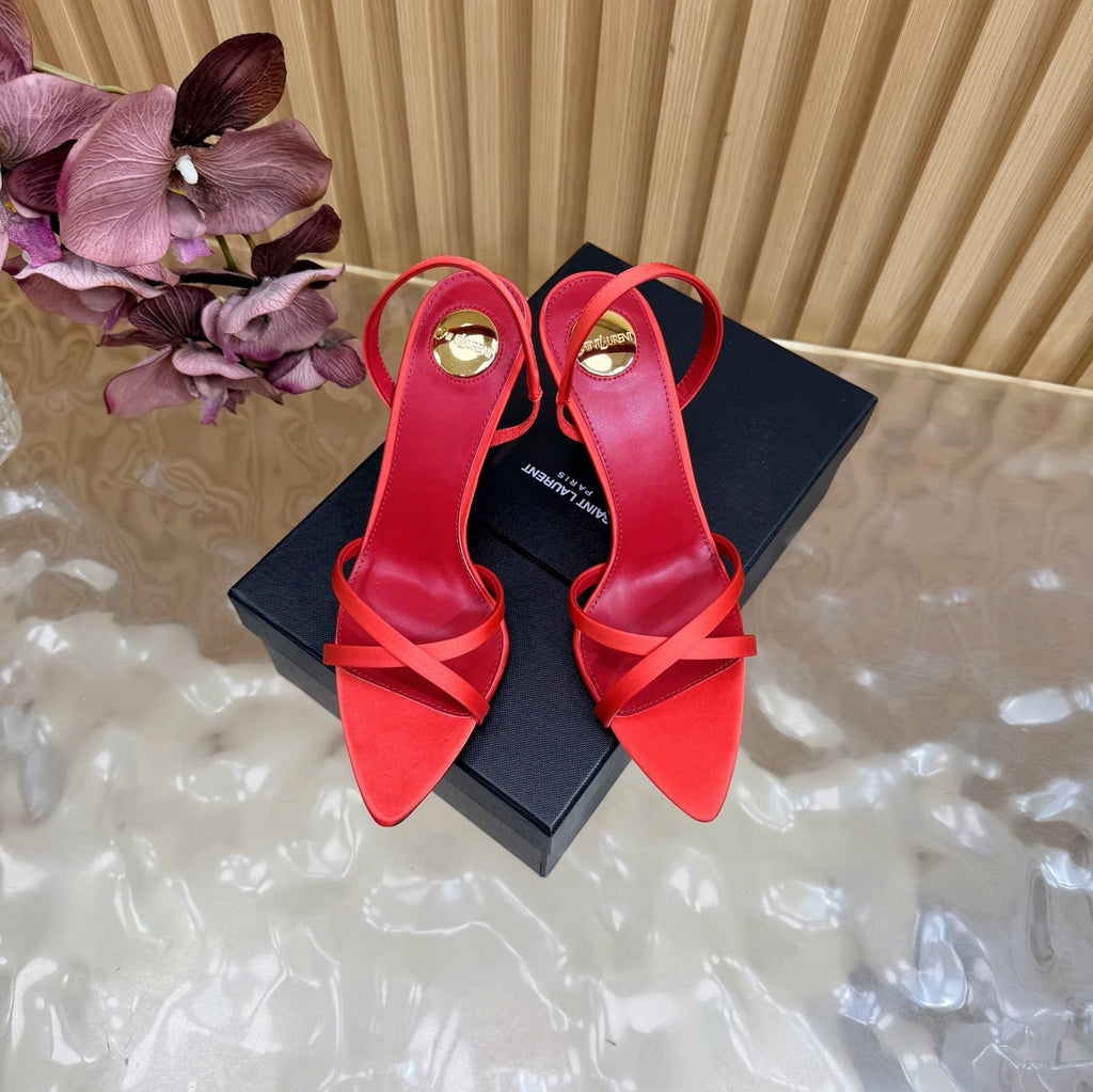 YSL 26S HIGH-HEELED SANDALS 90 MM IN RED SATIN