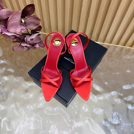 YSL 26S HIGH-HEELED SANDALS 90 MM IN RED SATIN