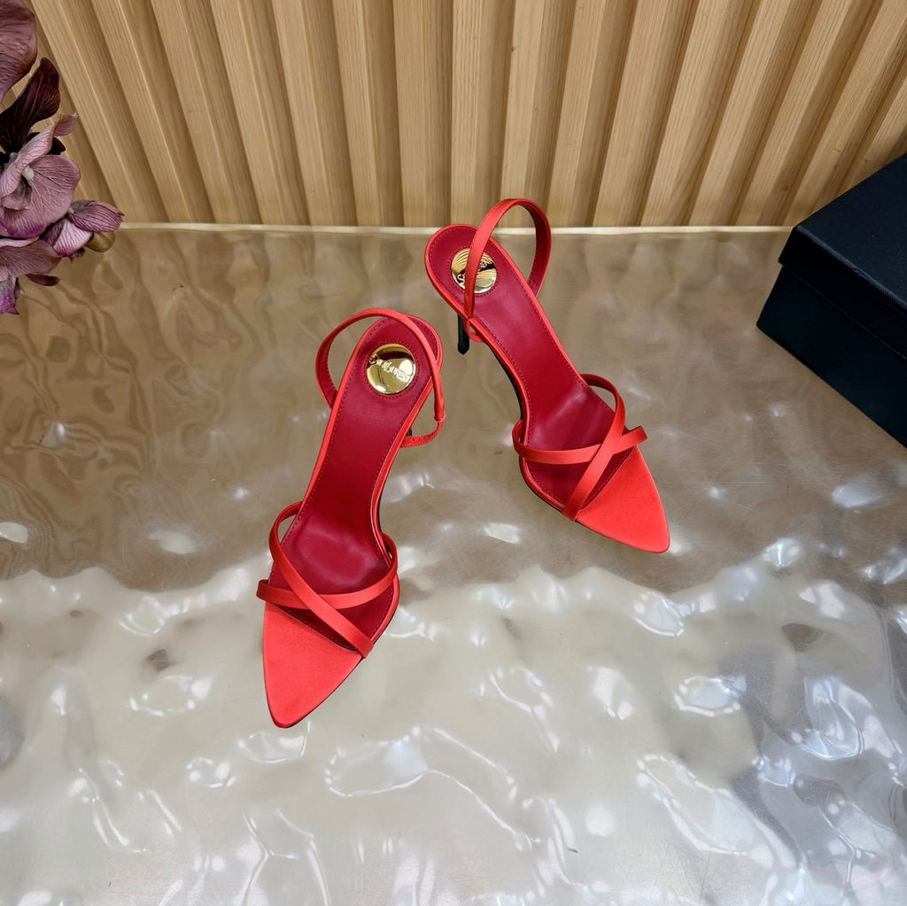 YSL 26S HIGH-HEELED SANDALS 90 MM IN RED SATIN