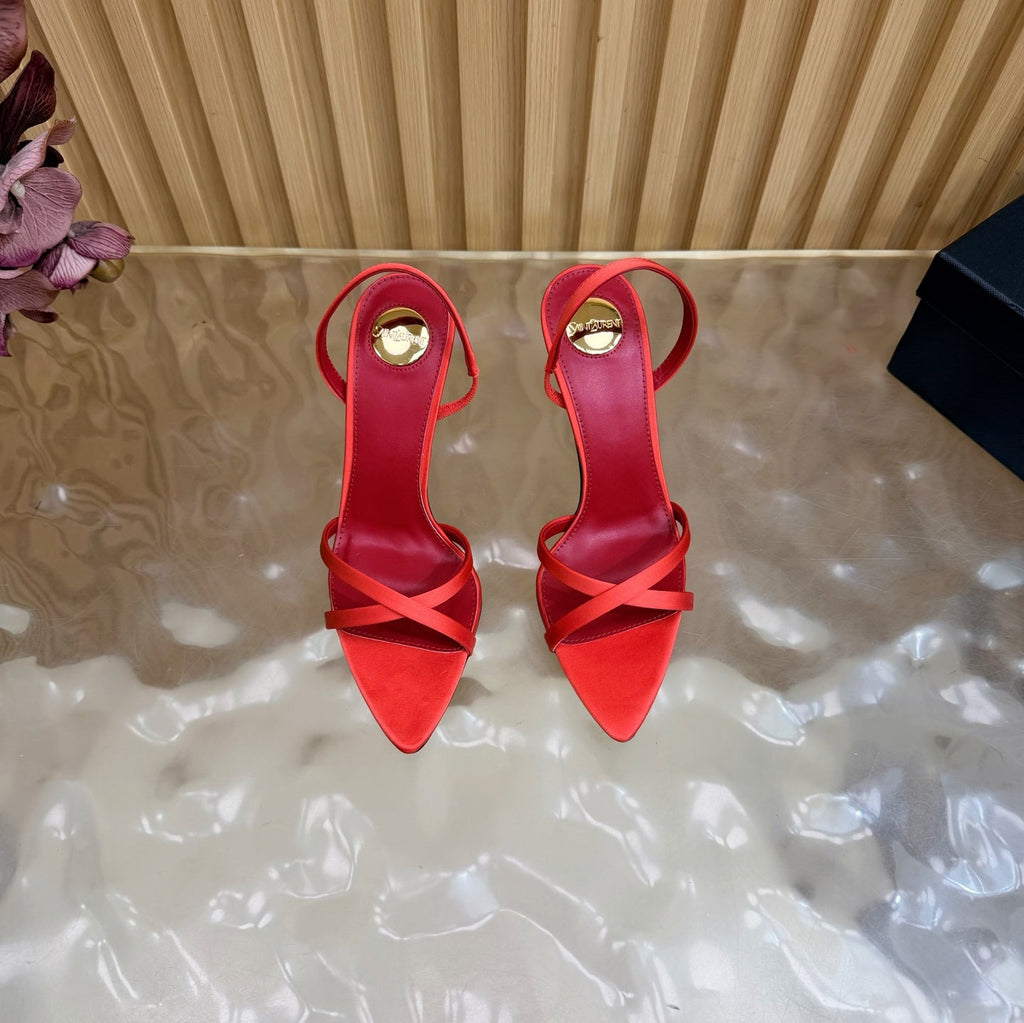 YSL 26S HIGH-HEELED SANDALS 90 MM IN RED SATIN