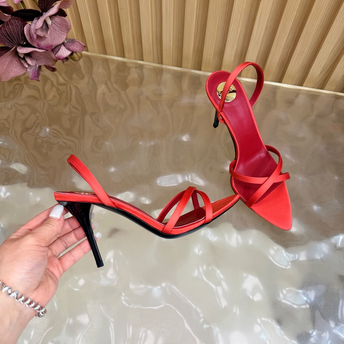 YSL 26S HIGH-HEELED SANDALS 90 MM IN RED SATIN