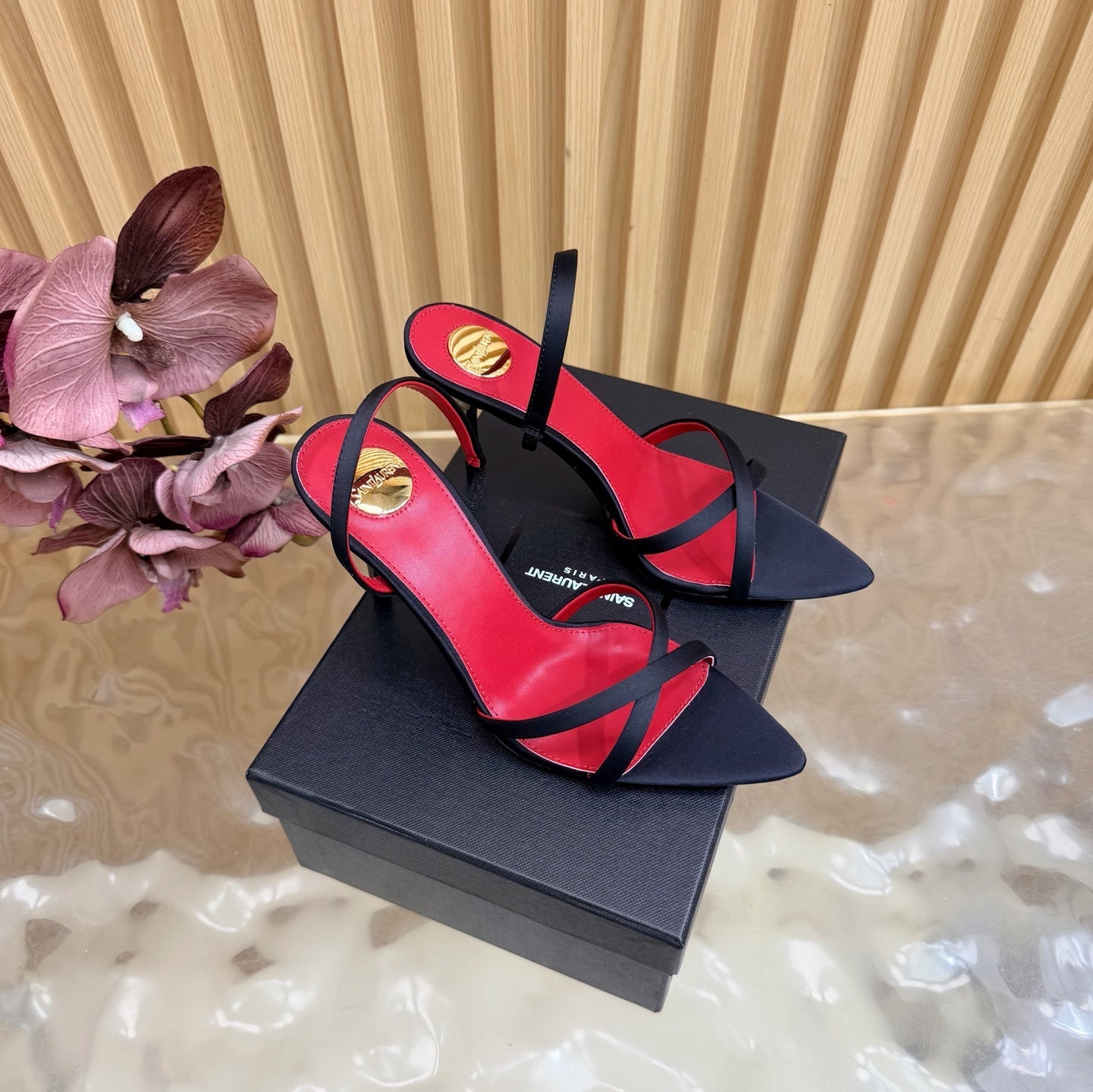 YSL 26S HIGH-HEELED SANDALS 90 MM IN BLACK SATIN