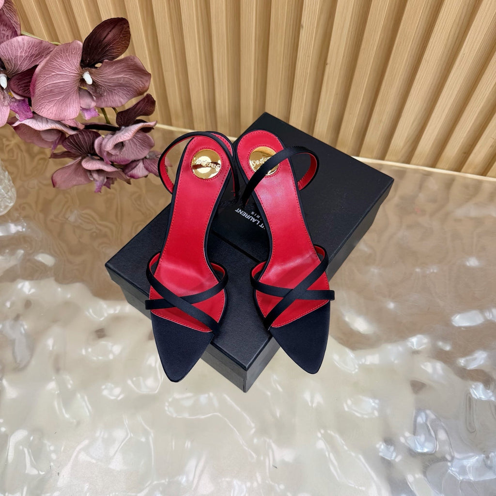 YSL 26S HIGH-HEELED SANDALS 90 MM IN BLACK SATIN