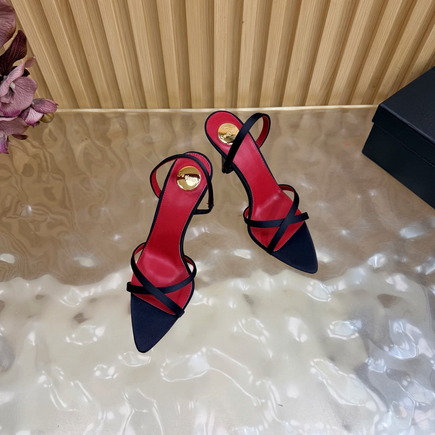 YSL 26S HIGH-HEELED SANDALS 90 MM IN BLACK SATIN