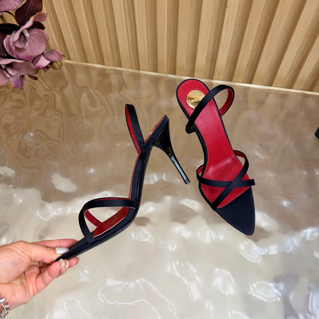 YSL 26S HIGH-HEELED SANDALS 90 MM IN BLACK SATIN