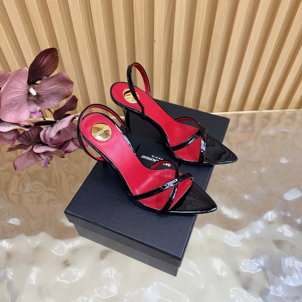 YSL 26S HIGH-HEELED SANDALS 90 MM IN BLACK GLOSSY CALFSKIN