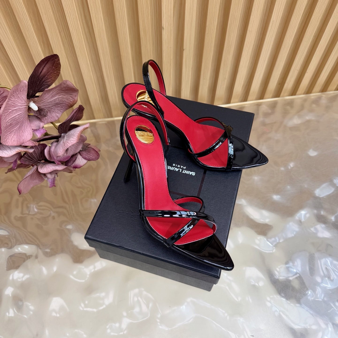 YSL 26S HIGH-HEELED SANDALS 90 MM IN BLACK GLOSSY CALFSKIN