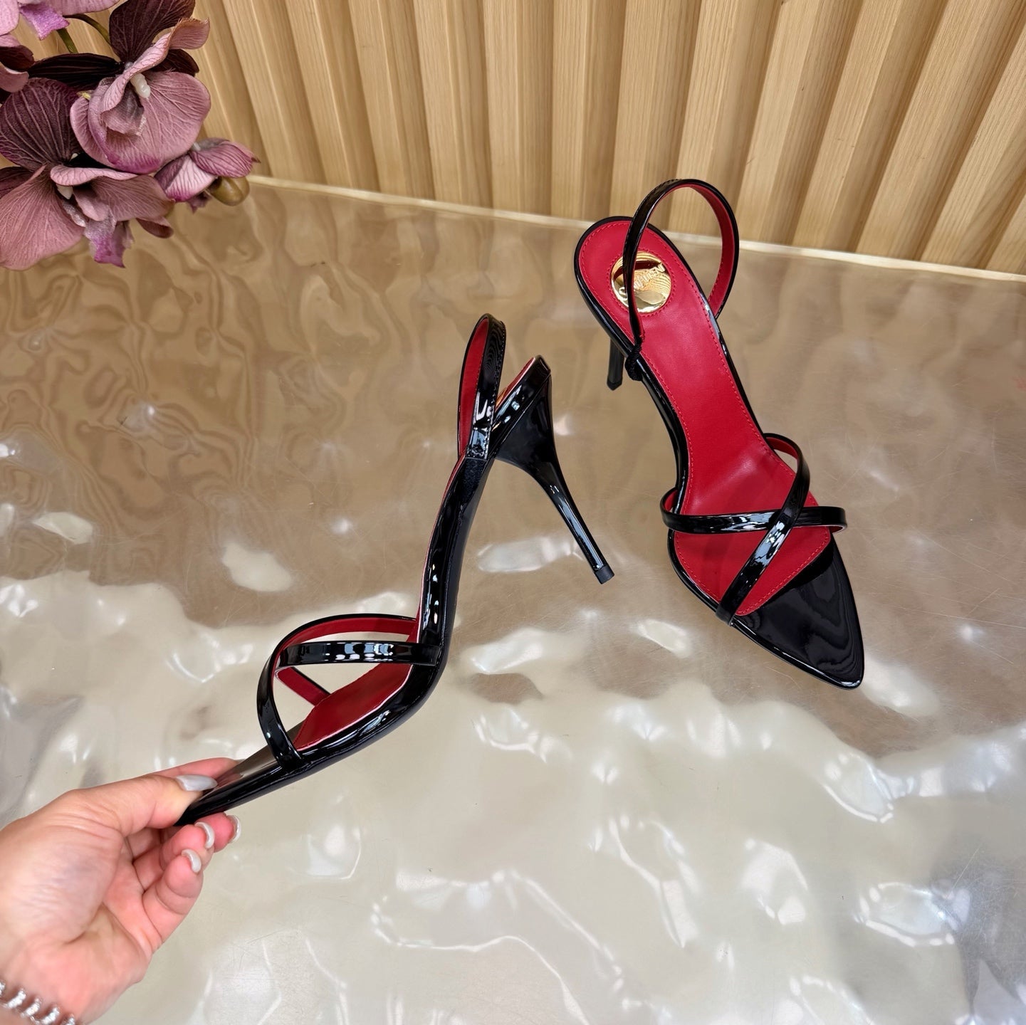 YSL 26S HIGH-HEELED SANDALS 90 MM IN BLACK GLOSSY CALFSKIN