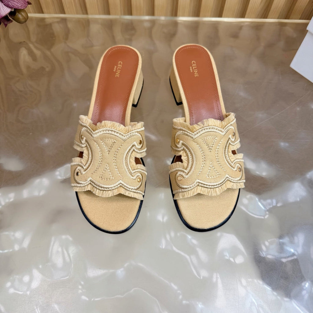 CELINE 26S TRIOMPHE BLOCK HEEL MULES IN DARK BEIGE DENIM
