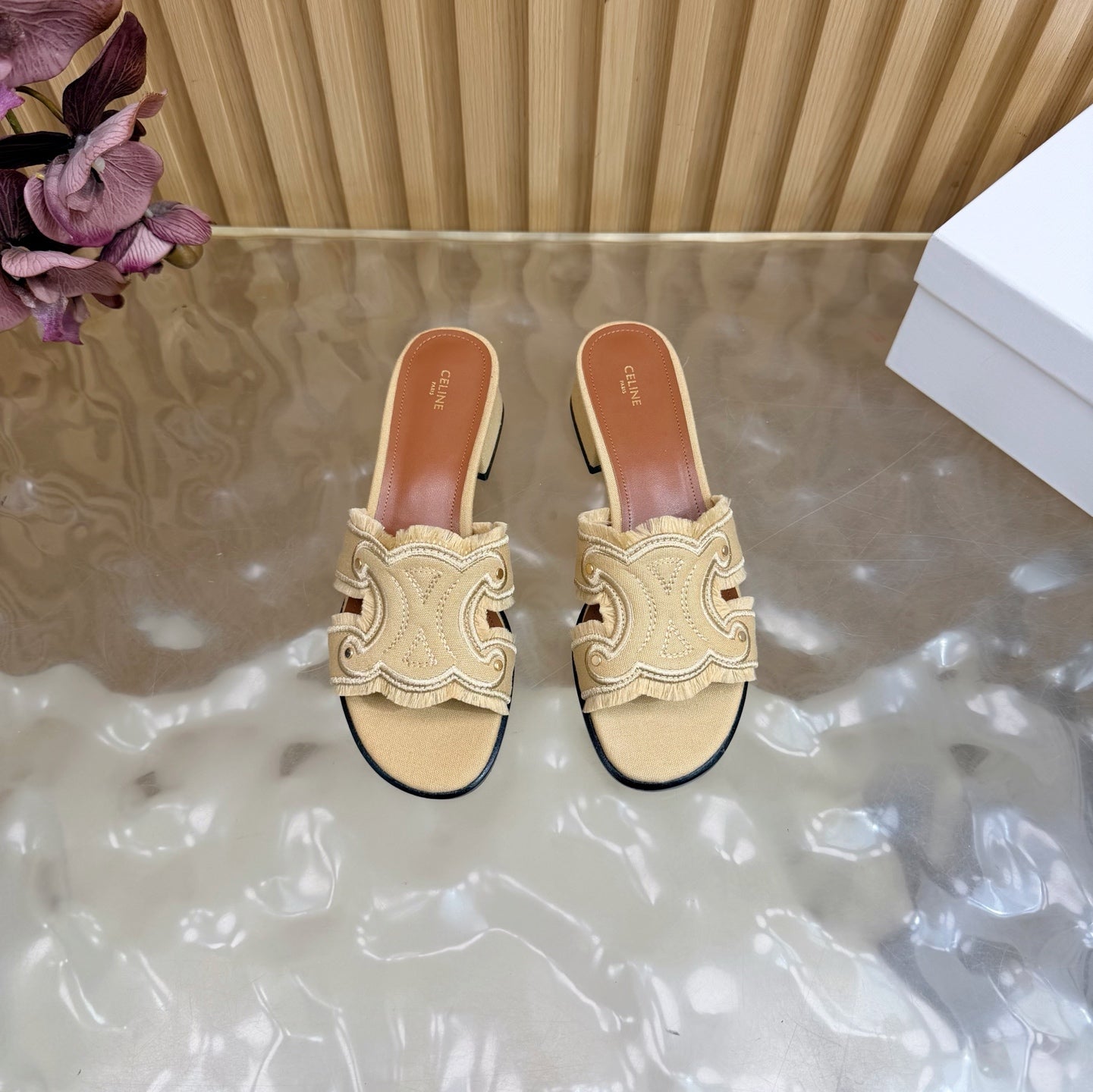 CELINE 26S TRIOMPHE BLOCK HEEL MULES IN DARK BEIGE DENIM