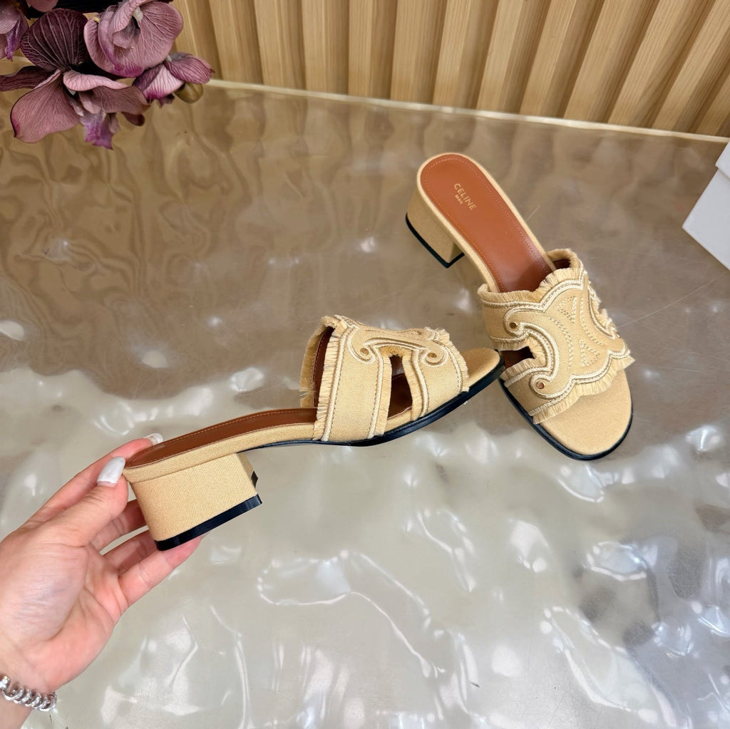 CELINE 26S TRIOMPHE BLOCK HEEL MULES IN DARK BEIGE DENIM