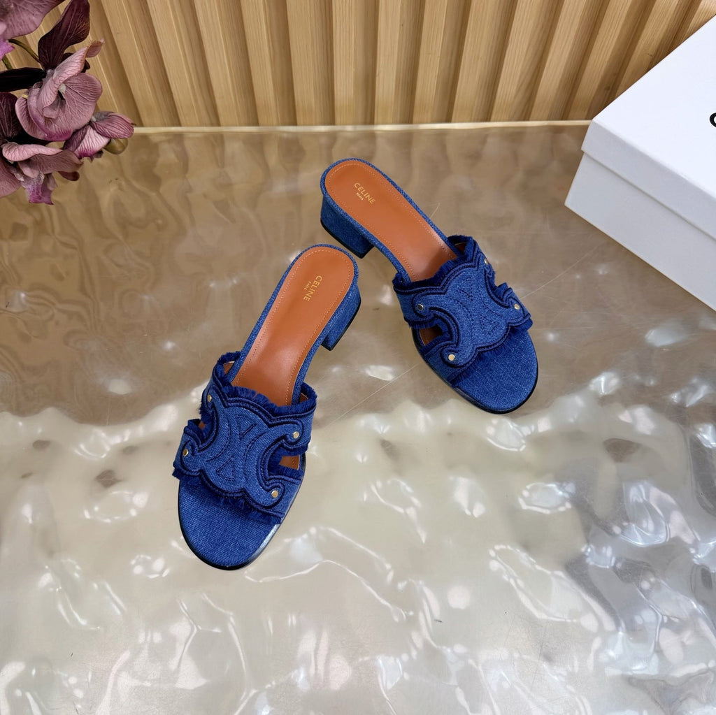 CELINE 26S TRIOMPHE BLOCK HEEL MULES IN BLUE DENIM