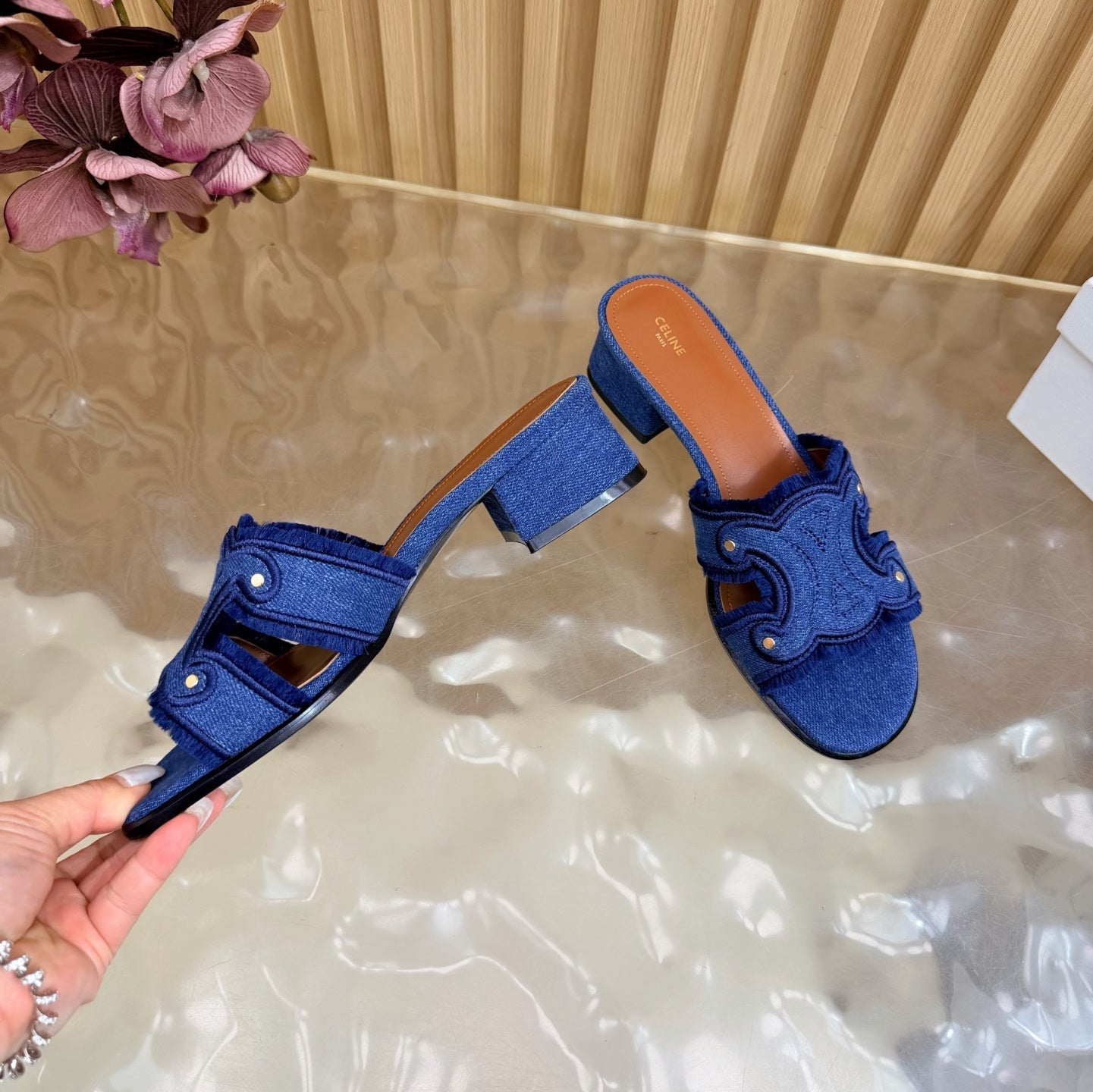 CELINE 26S TRIOMPHE BLOCK HEEL MULES IN BLUE DENIM