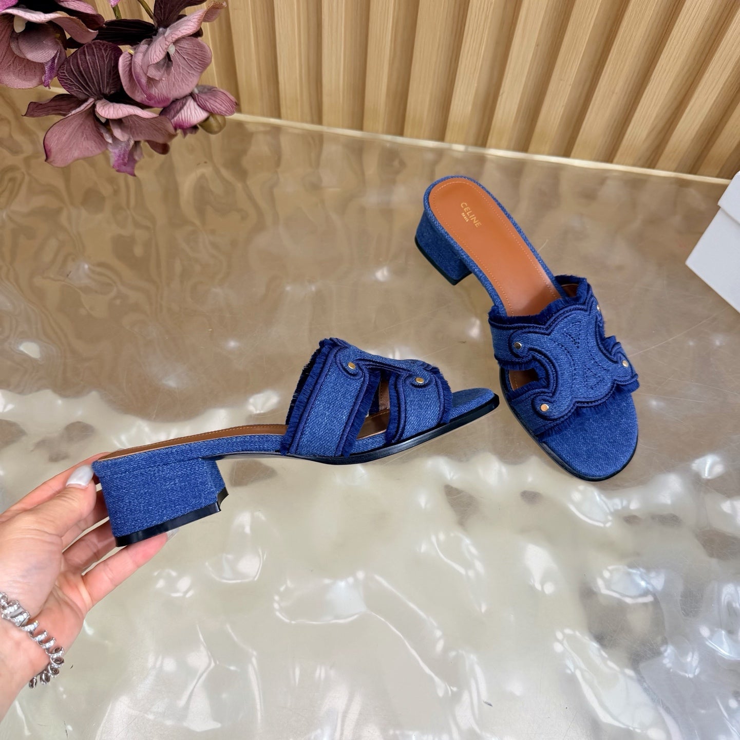 CELINE 26S TRIOMPHE BLOCK HEEL MULES IN BLUE DENIM