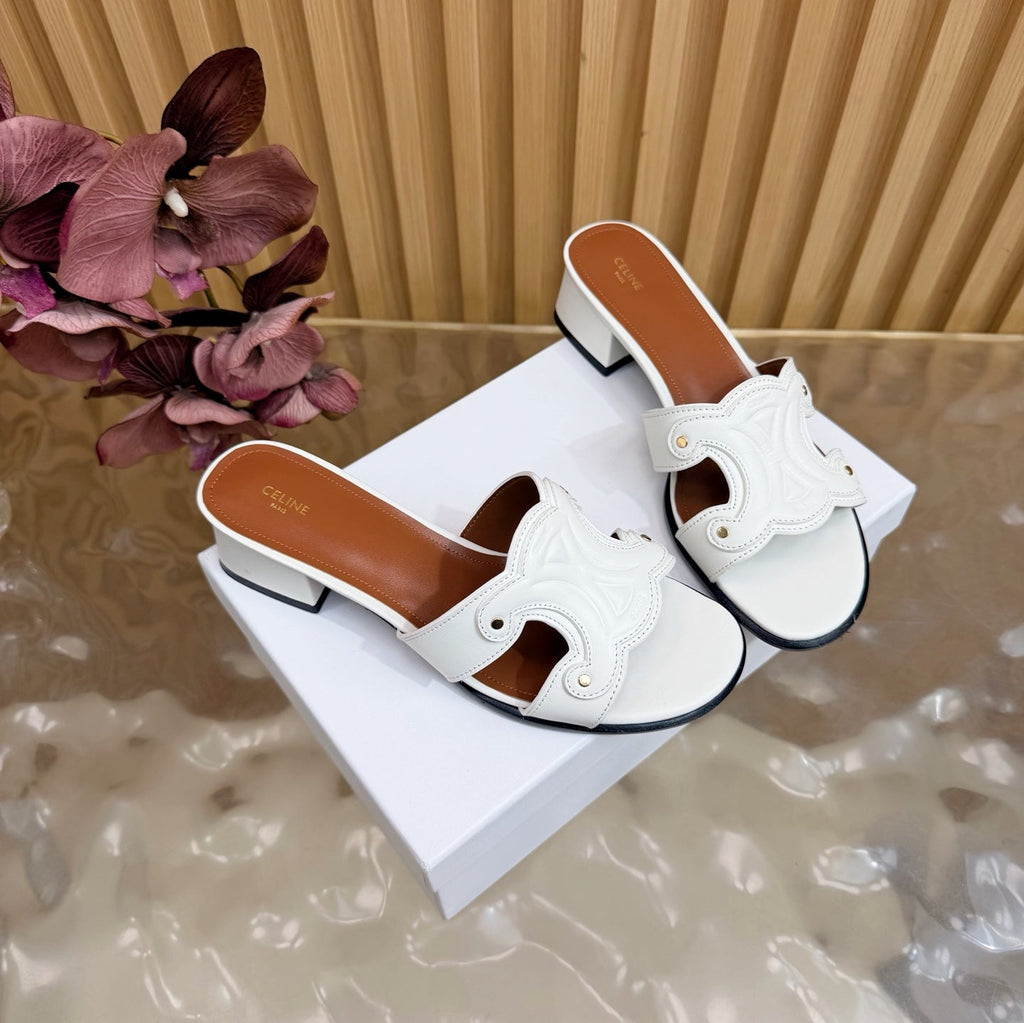 CELINE 26S TRIOMPHE BLOCK HEEL MULES IN WHITE CALFSKIN