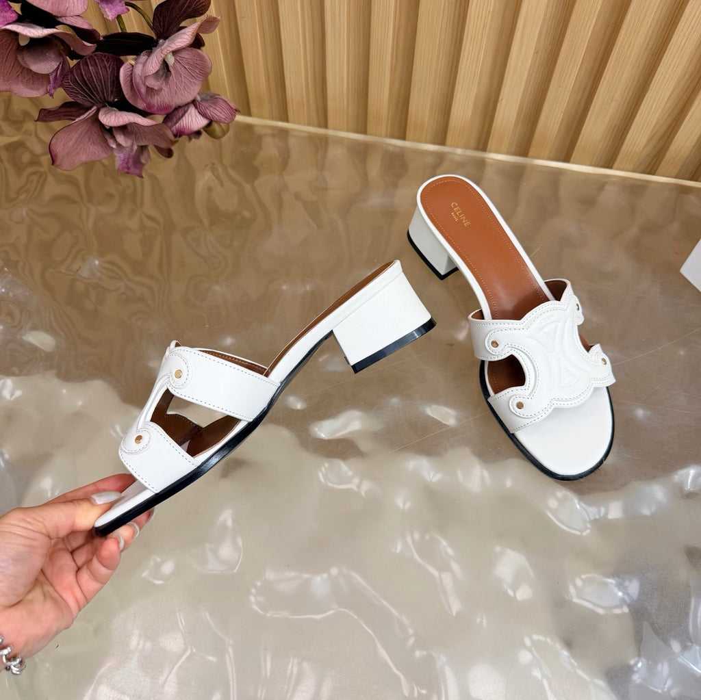 CELINE 26S TRIOMPHE BLOCK HEEL MULES IN WHITE CALFSKIN