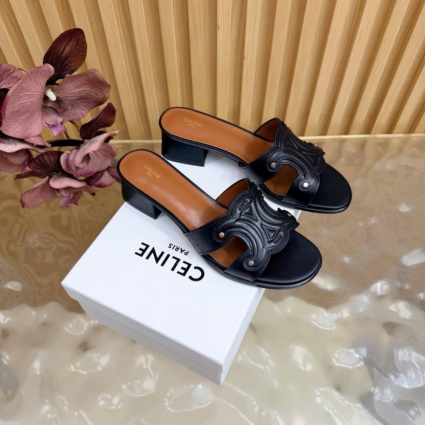 CELINE 26S TRIOMPHE BLOCK HEEL MULES IN NAVY BLACK CALFSKIN