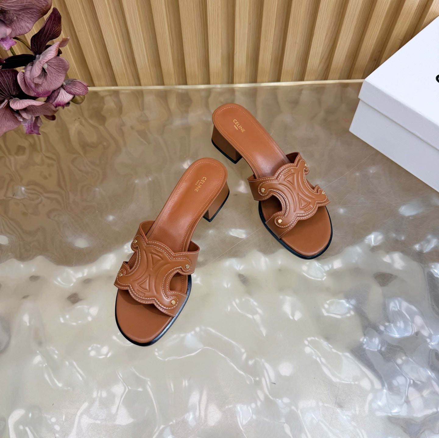 CELINE 26S TRIOMPHE BLOCK HEEL MULES IN COGNAC BROWN CALFSKIN