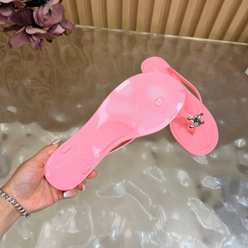 CELINE 26S TRIOMPHE THONG SANDALS IN PINK TPU SILVER HARDWARE