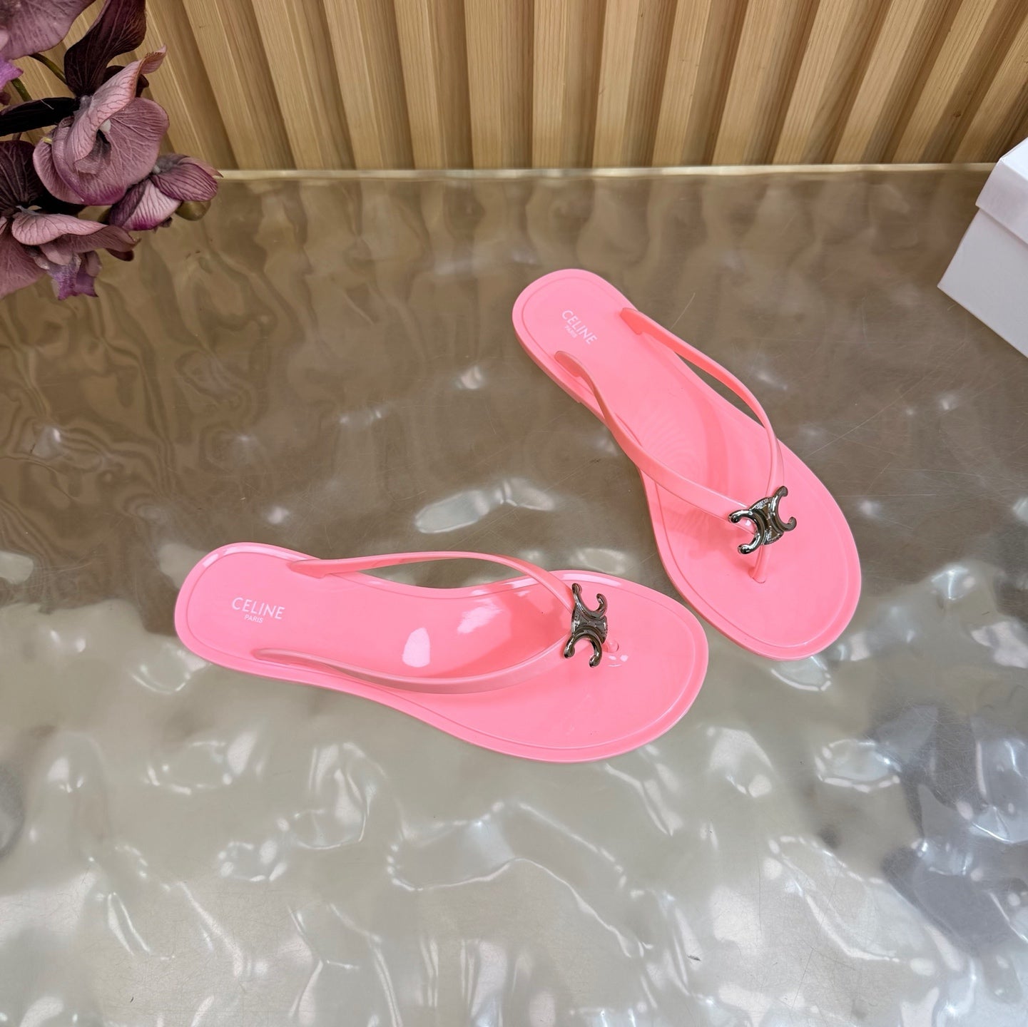 CELINE 26S TRIOMPHE THONG SANDALS IN PINK TPU SILVER HARDWARE