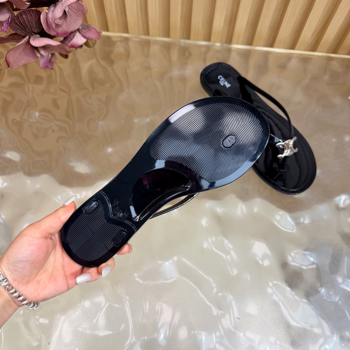 CELINE 26S TRIOMPHE THONG SANDALS IN BLACK TPU SILVER HARDWARE