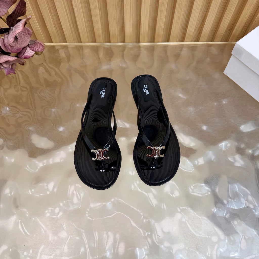 CELINE 26S TRIOMPHE THONG SANDALS IN BLACK TPU SILVER HARDWARE