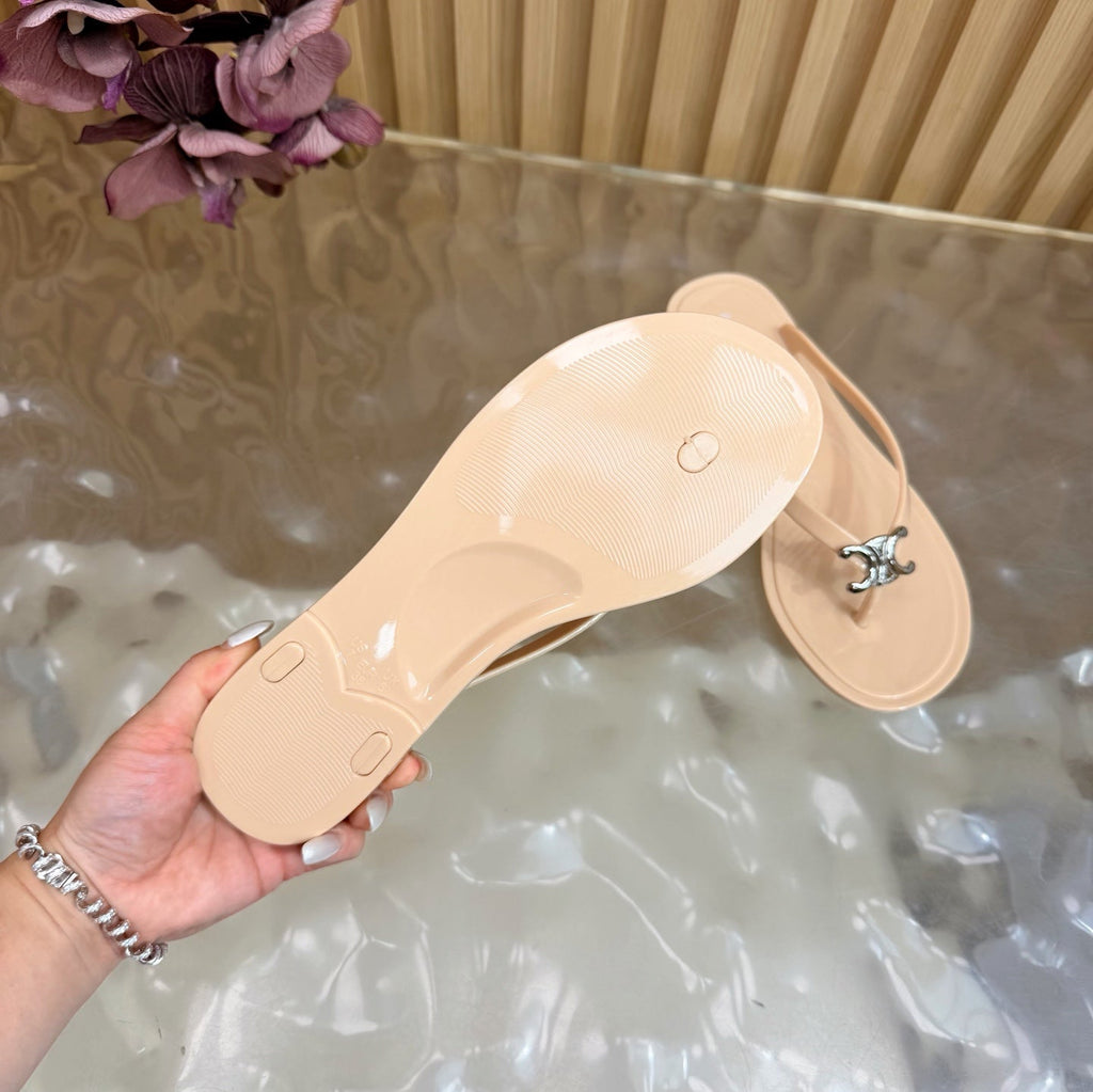 CELINE 26S TRIOMPHE THONG SANDALS IN NUDE BEIGE TPU SILVER HARDWARE
