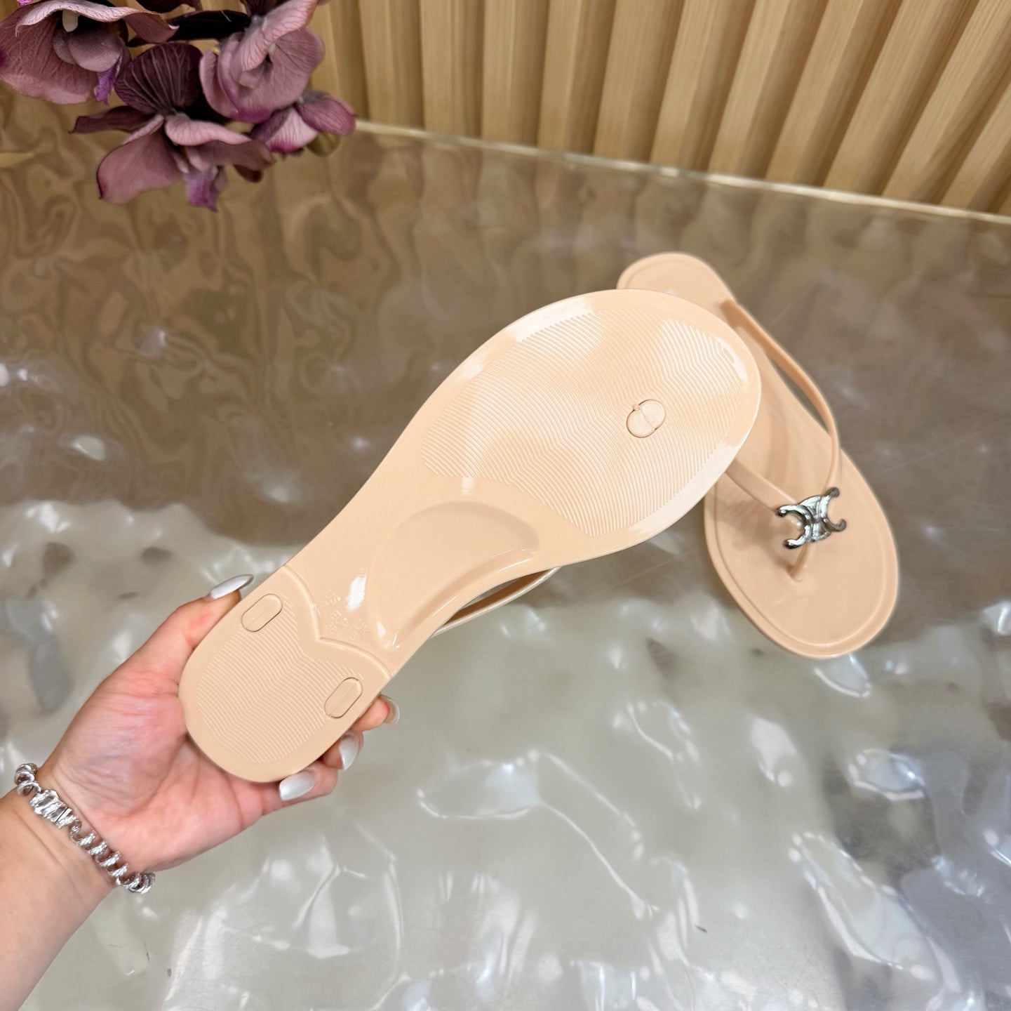CELINE 26S TRIOMPHE THONG SANDALS IN NUDE BEIGE TPU SILVER HARDWARE