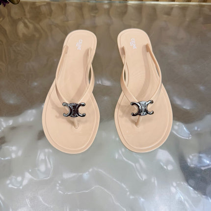 CELINE 26S TRIOMPHE THONG SANDALS IN NUDE BEIGE TPU SILVER HARDWARE