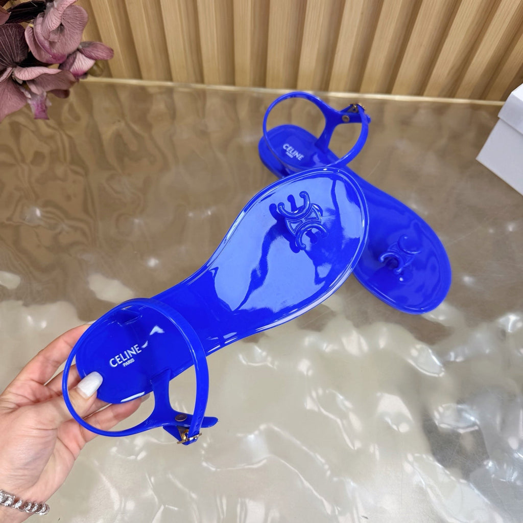 CELINE 26S TRIOMPHE JELLY THONG SANDALS IN DARK BLUE TPU GOLD HARDWARE