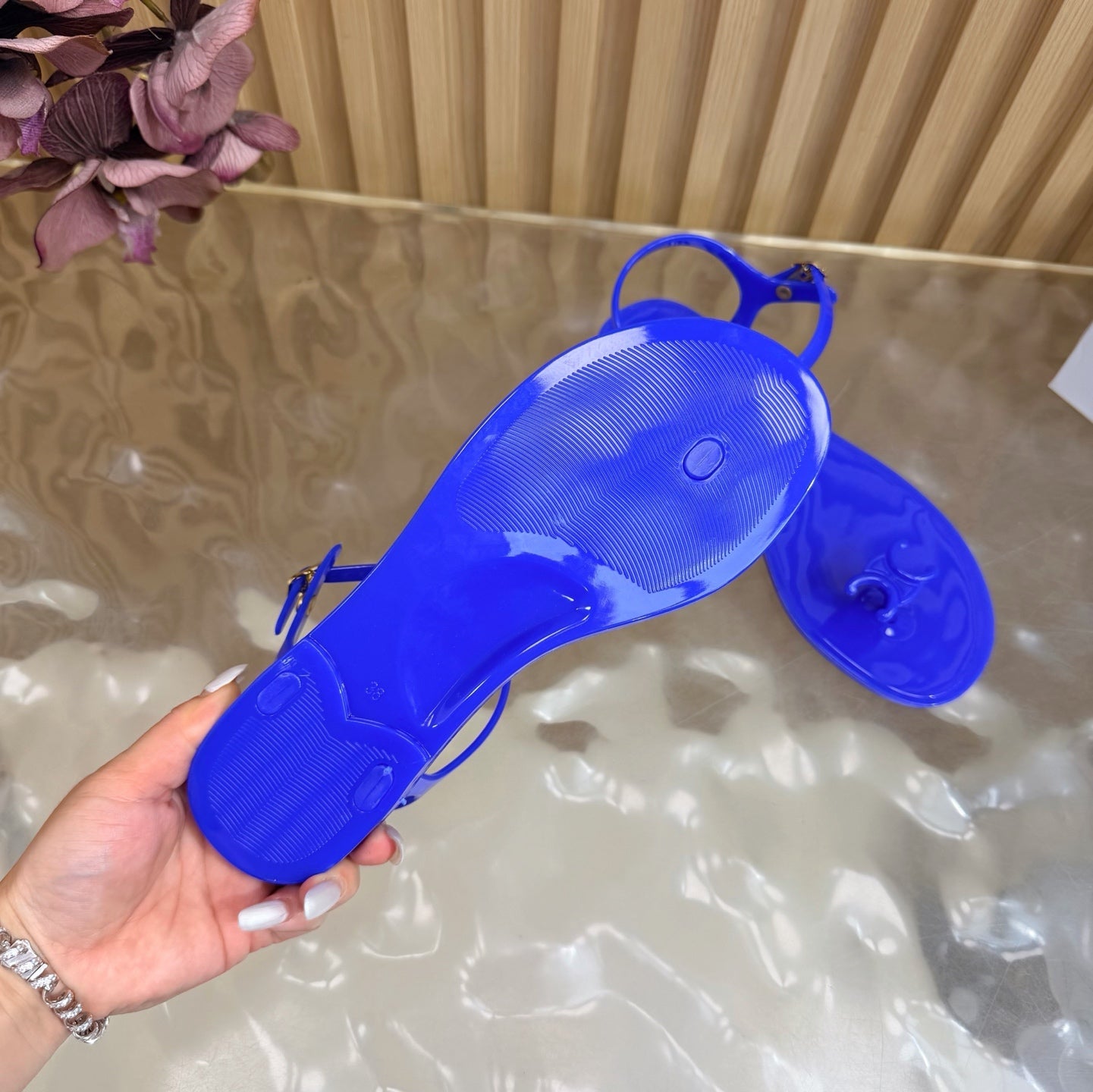 CELINE 26S TRIOMPHE JELLY THONG SANDALS IN DARK BLUE TPU GOLD HARDWARE