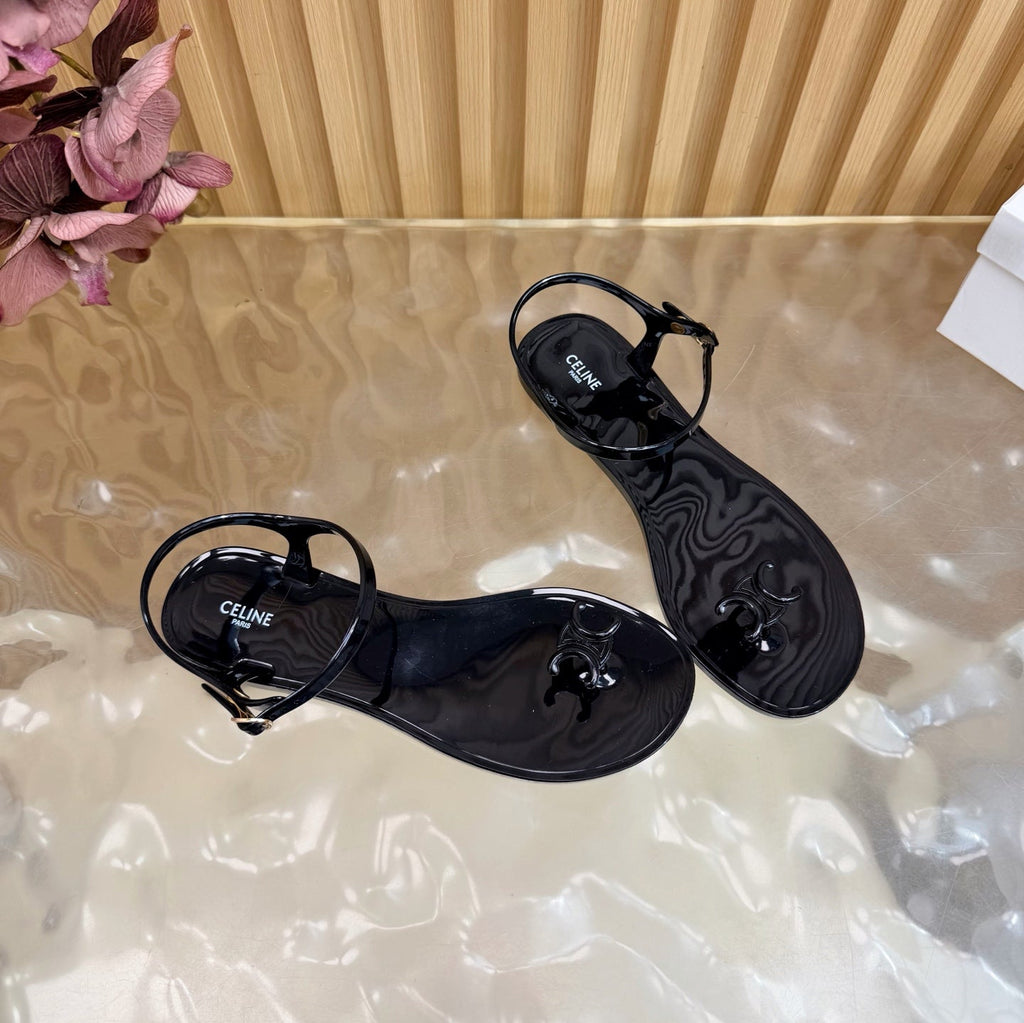 CELINE 26S TRIOMPHE JELLY THONG SANDALS IN BLACK TPU GOLD HARDWARE