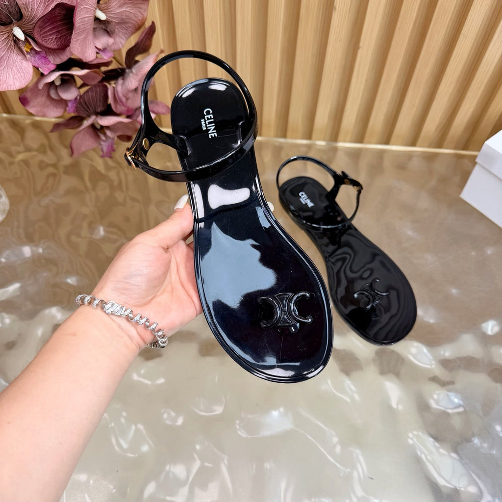 CELINE 26S TRIOMPHE JELLY THONG SANDALS IN BLACK TPU GOLD HARDWARE