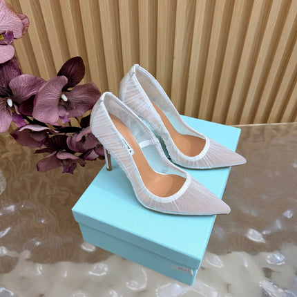AQUAZZURA 26S HIGH HEELS 105 MM IN WHITE LACE MESH AND SATIN