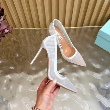 AQUAZZURA 26S HIGH HEELS 105 MM IN WHITE LACE MESH AND SATIN