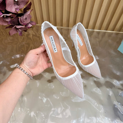AQUAZZURA 26S HIGH HEELS 105 MM IN WHITE LACE MESH AND SATIN